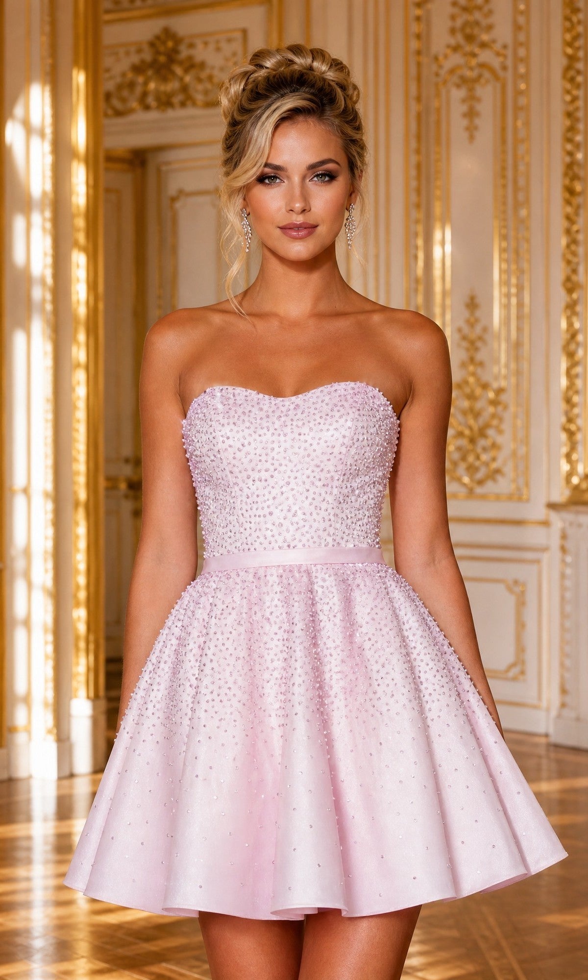 A woman wearing the Pink Mini Beaded Hoco Dress: Poly USA 26140 stands in an ornate room with gold-trimmed walls and parquet flooring.